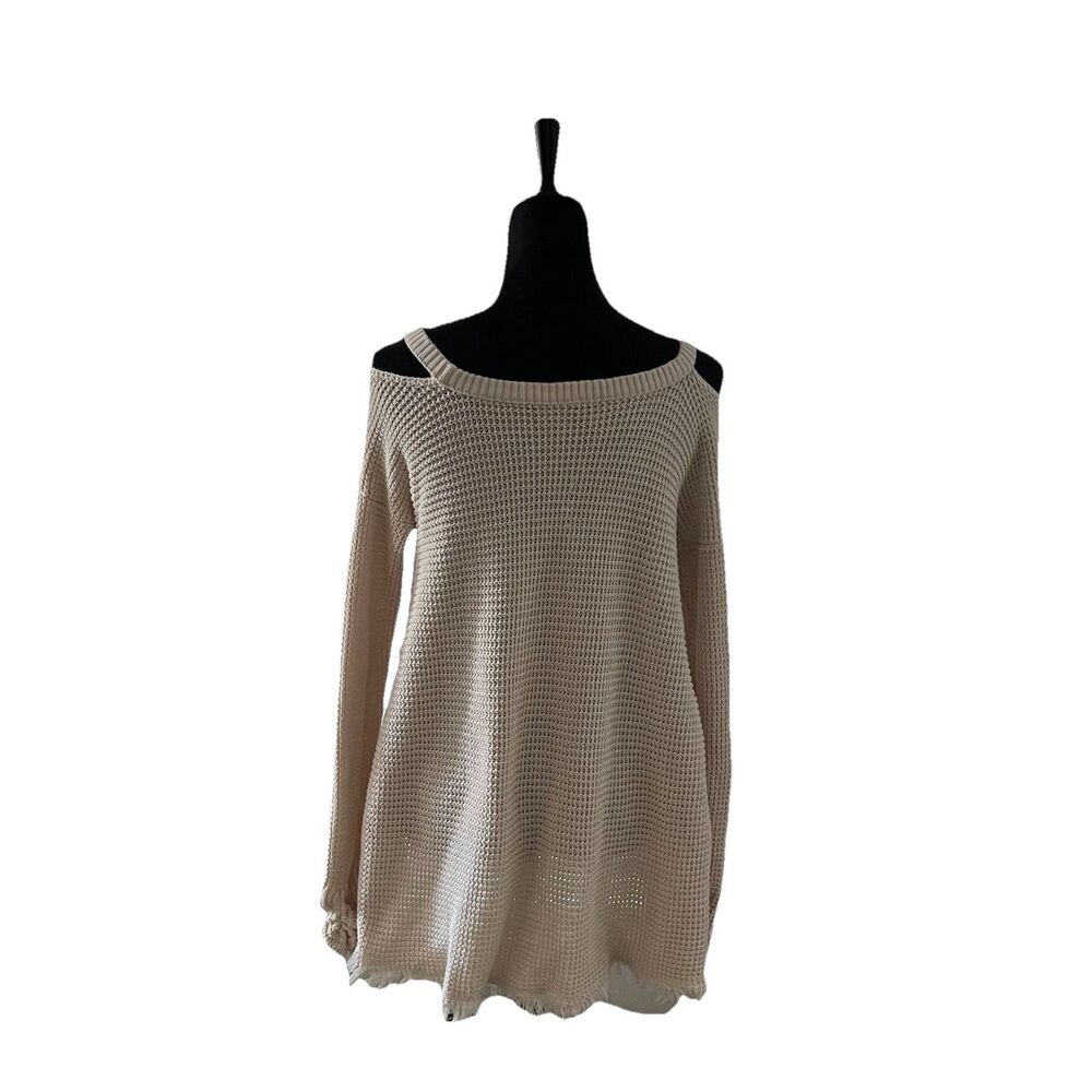 Free People Women’s Waffle Knit Top Moonshine Cold shoulder Raw‎ Hem